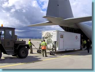 Verfahrsysteme-Bild - Container-Verladung in eine Herkules C-130 mittels Hubrder Typ 507 (Winglift)
